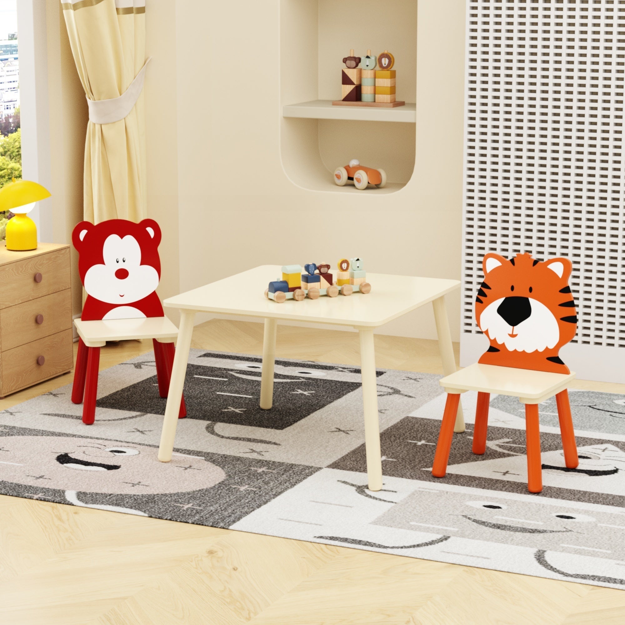 Kids Table and 2 Chairs Set, Wooden Activity Play Table Set with Bear & Tiger Design in White & Orange, Solid Wood and MDF Co