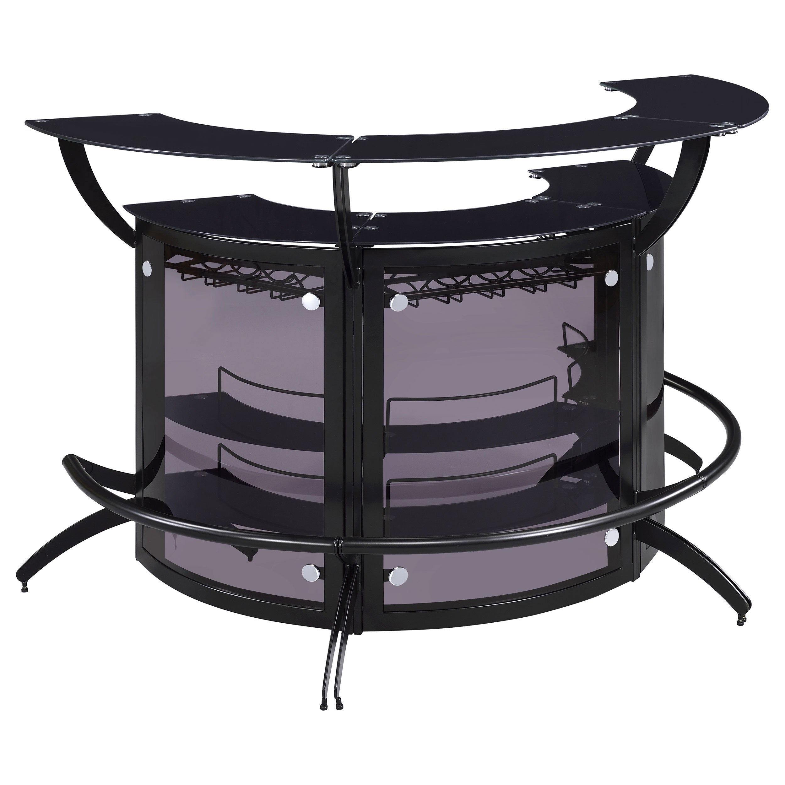 Elaina Black 3-Piece Curved Freestanding Home Bar with Smoked Acrylic Panels and Silver Metal Frame, Black Finish, Glass and Metal Construction - Grand Goldman Shop