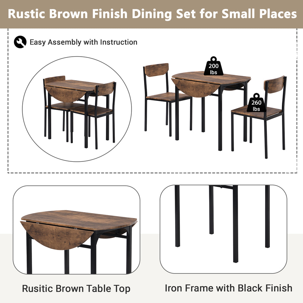 TOPMAX Modern 3-Piece Round Dining Table Set with Drop Leaf and 2 Chairs for Small Places,Black Frame+Rustic Brown Finish - Grand Goldman Shop
