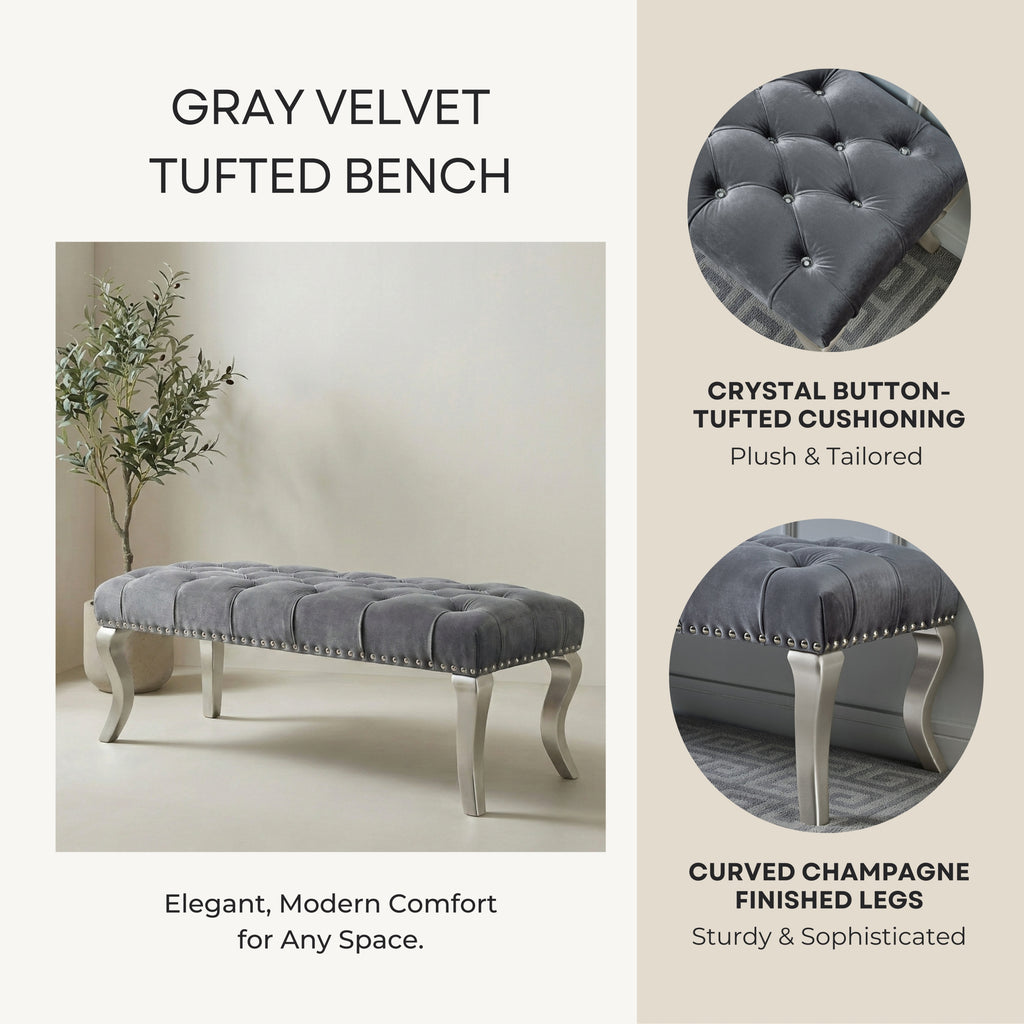 Decor Maxem Tufted Fabric Upholstered Bench Nailhead Trim , Gray - Grand Goldman Shop