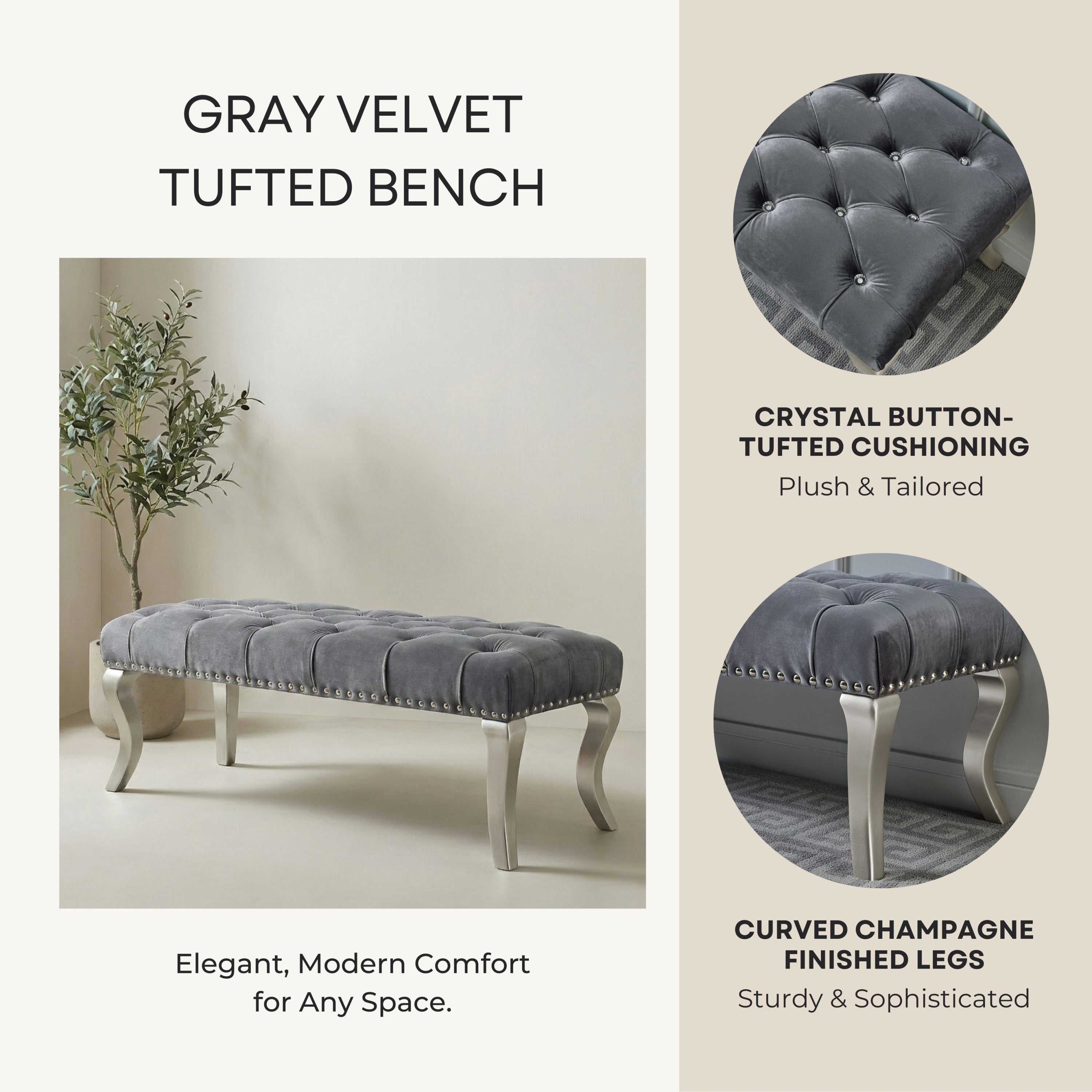 Decor Maxem Tufted Fabric Upholstered Bench Nailhead Trim , Gray - Grand Goldman Shop