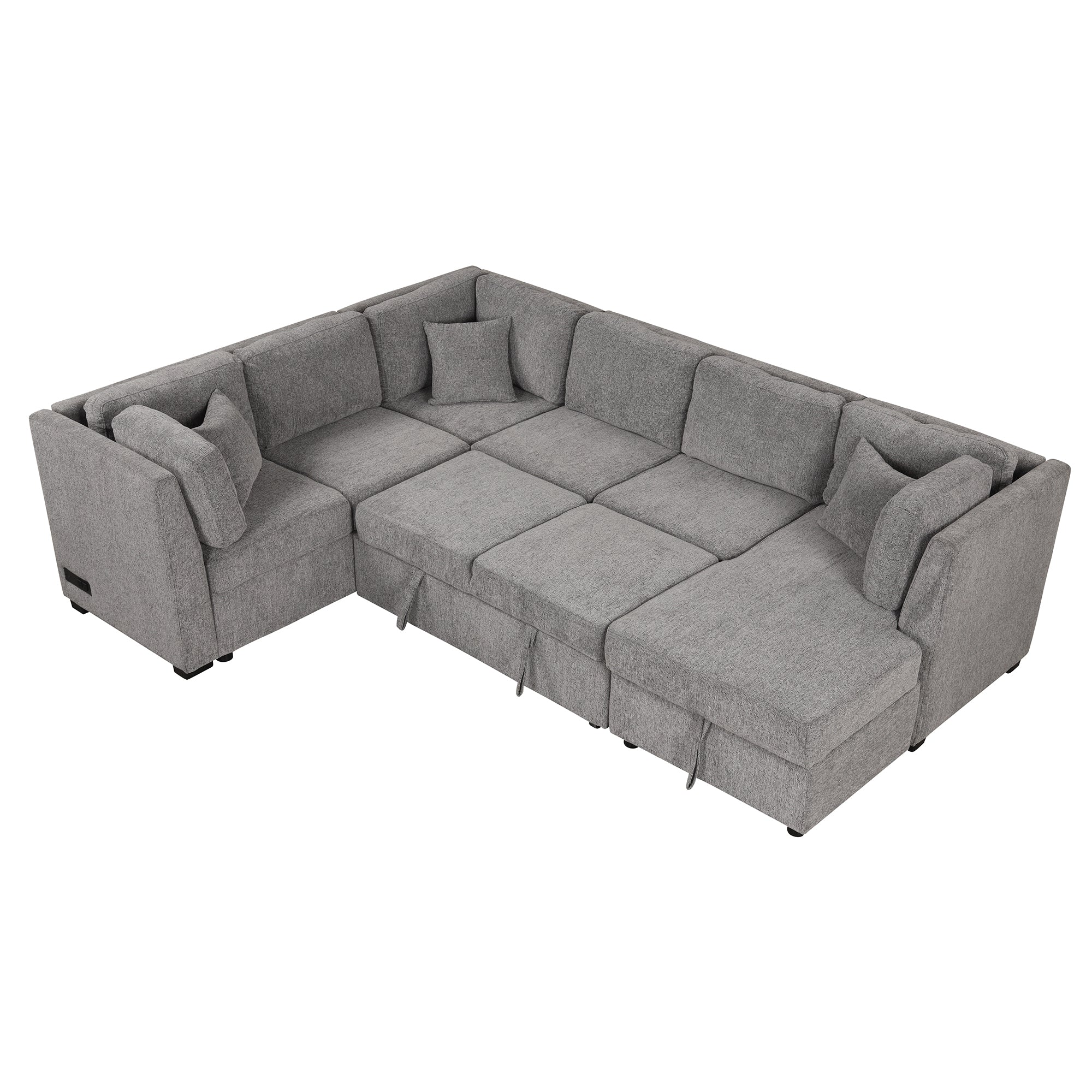 U-shaped Sectional Sofa Pull out Sofa Bed with USB Ports, Power Sockets, Storage Chaise, Light Gray Chenille, 108.6' - Grand Goldman Shop