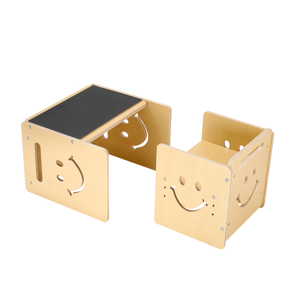 Montessori Weaning Table and Chair Set, 3 in 1 Wooden Toddler Table and Chairs with Chalkboard, Adjustable Height Montessori 