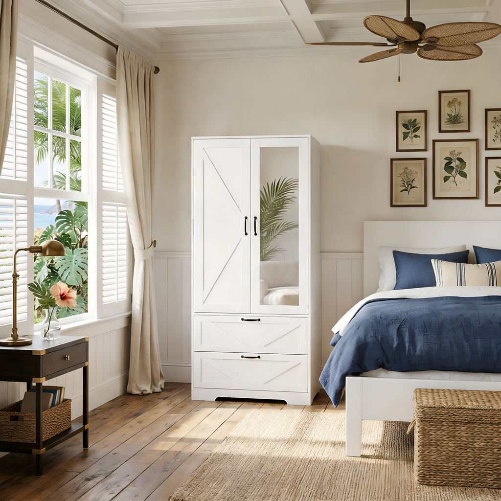 2 Door Wood Wardrobe for Bedroom with Hanging Clothing Rod inside the Cabinet and 2 Drawers for Storage Organization, Built-in induction light Multifunctional Closet with Mirror, White - Grand Goldman Shop