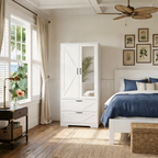 2 Door Wood Wardrobe for Bedroom with Hanging Clothing Rod inside the Cabinet and 2 Drawers for Storage Organization, Built-in induction light Multifunctional Closet with Mirror, White - Grand Goldman Shop