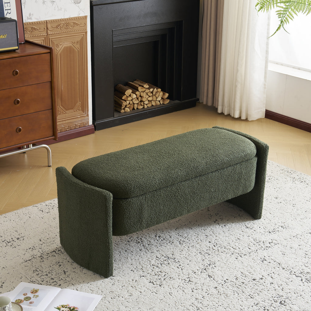 Elegant Long-shaped Storage Ottoman Bench, Boucle Material, Dark Green, Simple and Grand Design - Grand Goldman Shop