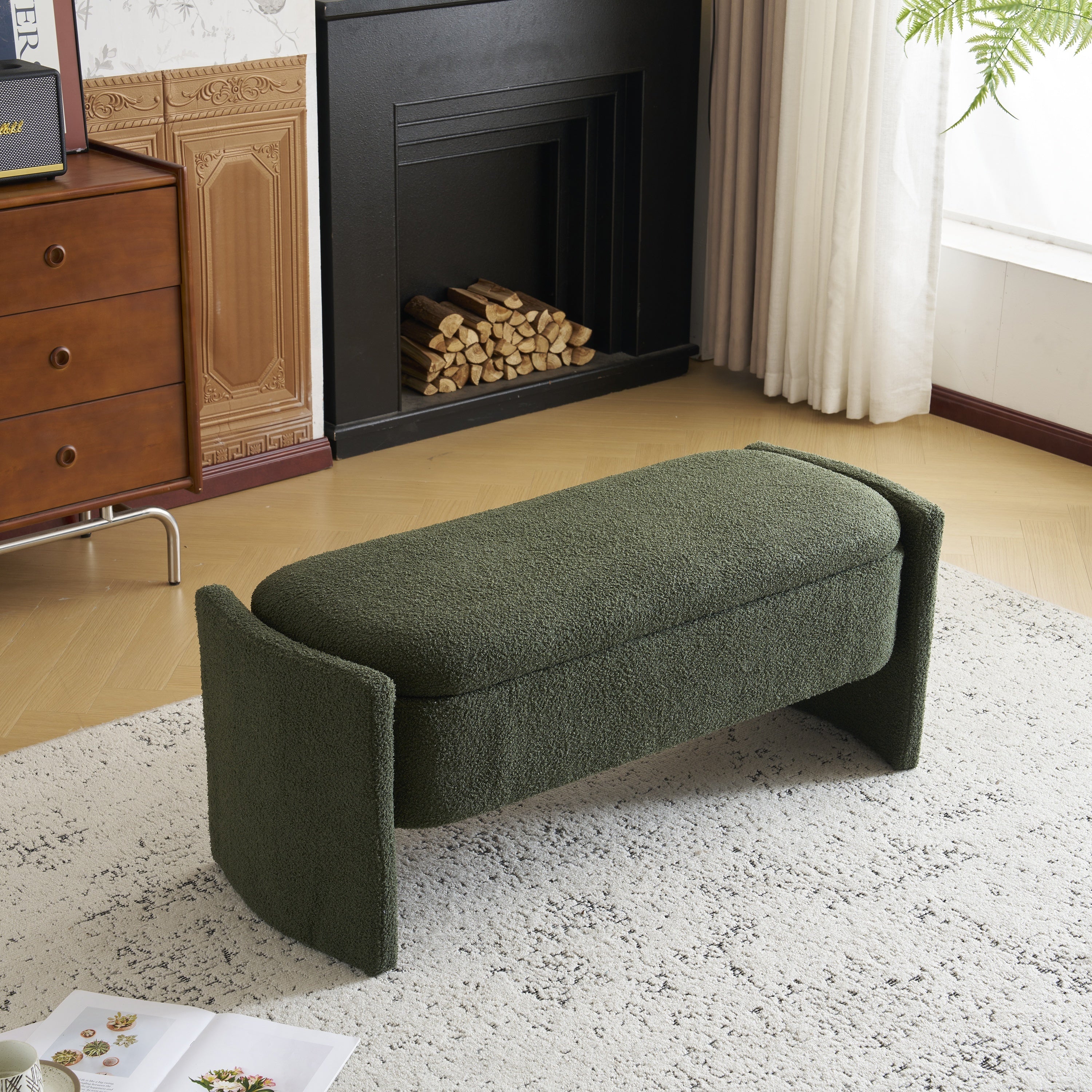 Elegant Long-shaped Storage Ottoman Bench, Boucle Material, Dark Green, Simple and Grand Design - Grand Goldman Shop