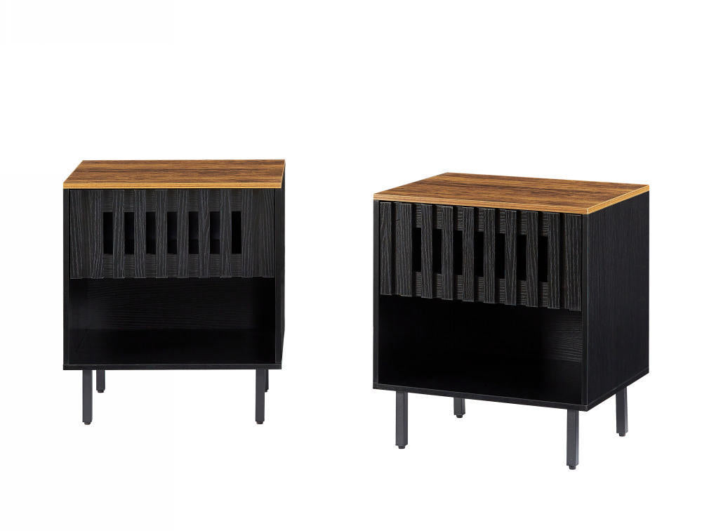 2 Set Nightstands with Grille Striped Doors, Mid Century Modern Nightstand, Bedside Table with Slatted Drawer Decor, End Tables Bedroom with Metal Legs, Night Stand for Bedroom - Grand Goldman Shop