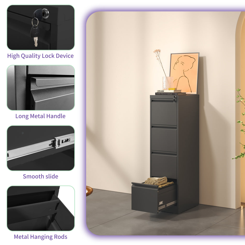SteelCraft Pro 4 Drawer Metal Vertical File Cabinet with Lock for A4 Legal/Letter Size, Black Metal - Grand Goldman