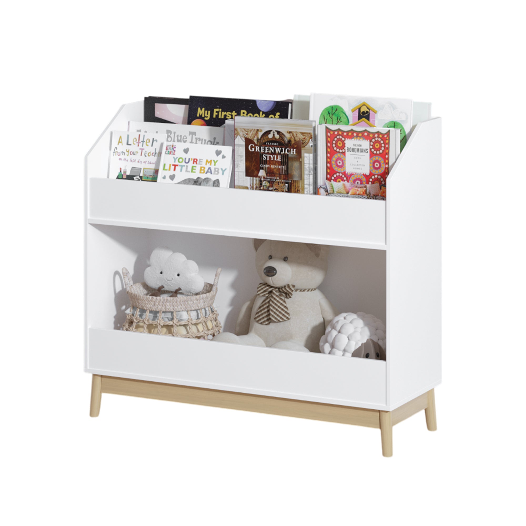 White Wooden Kids Bookcase Organizer with Storage, 3-Tier Toddler Book Display Shelf for Bedroom or Playroom - Grand Goldman
