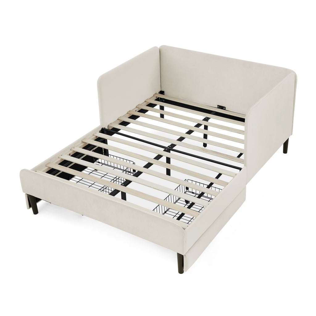 Beige Velvet Upholstered Platform Bed Frame with 2 Storage Drawers and Adjustable Sofa Bed, Full Size - Grand Goldman Shop