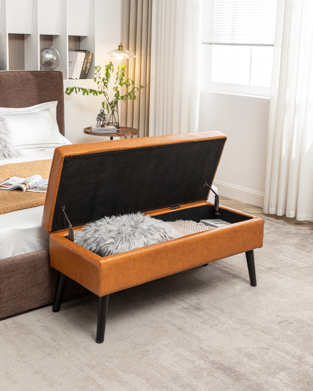 Storage Bench with Storage Bench for Bedroom End of Bed Bench Foot of Bed Bench Entryway Bench Storage Ottoman Bench 43.3' W x 17.7' Brown Leather Bench - Grand Goldman Shop