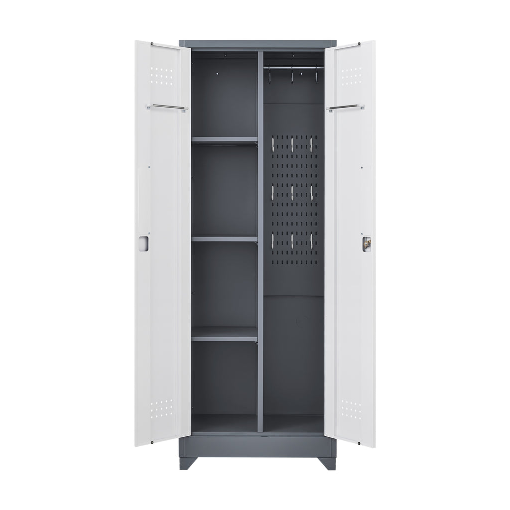 Heavy Duty Grey Metal Storage Cabinet with Locking Doors, Hanging Rod & Shelves, 65' H Broom Closet for Garage or Basement | 