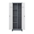 Heavy Duty Grey Metal Storage Cabinet with Locking Doors, Hanging Rod & Shelves, 65' H Broom Closet for Garage or Basement | 