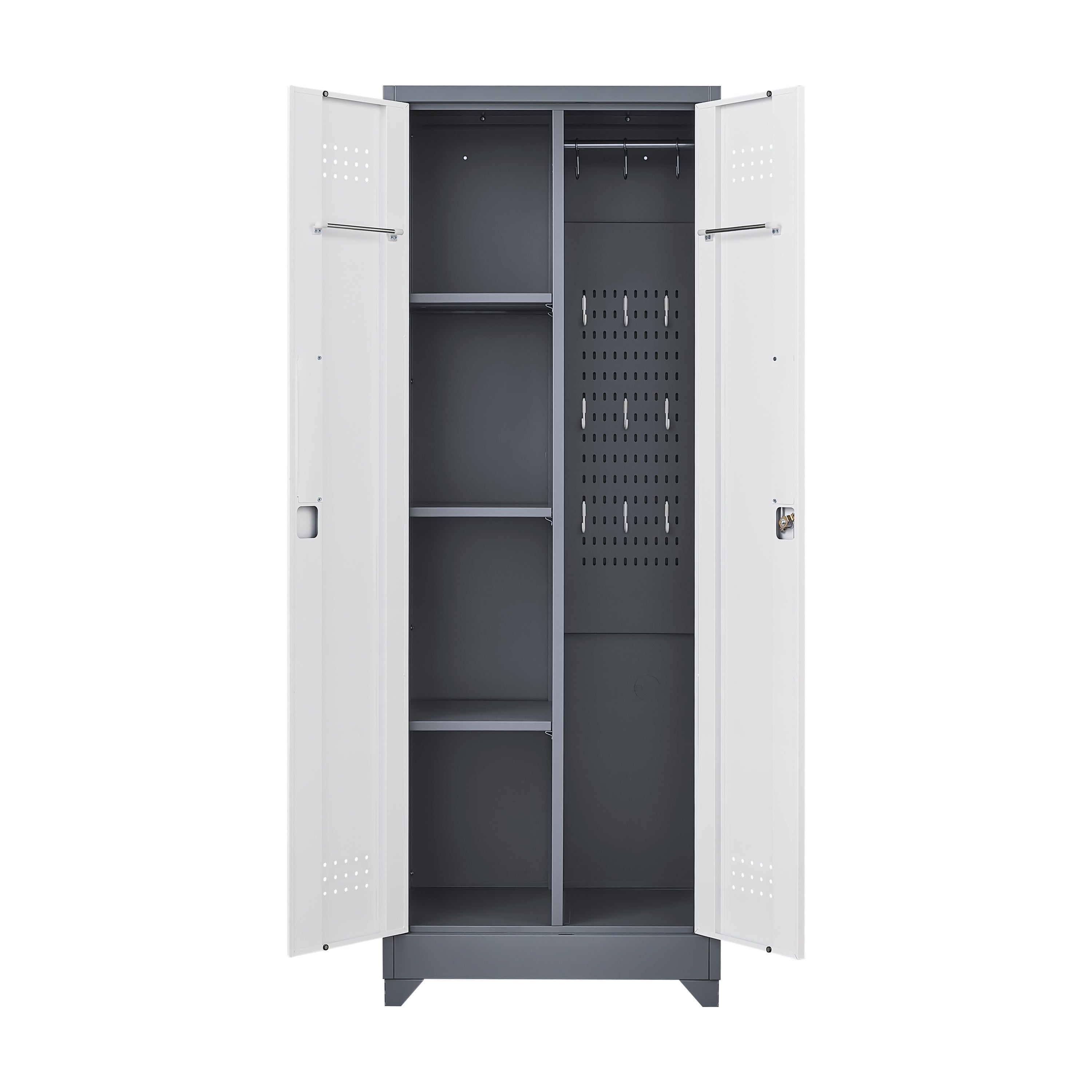 Heavy Duty Grey Metal Storage Cabinet with Locking Doors, Hanging Rod & Shelves, 65' H Broom Closet for Garage or Basement | 