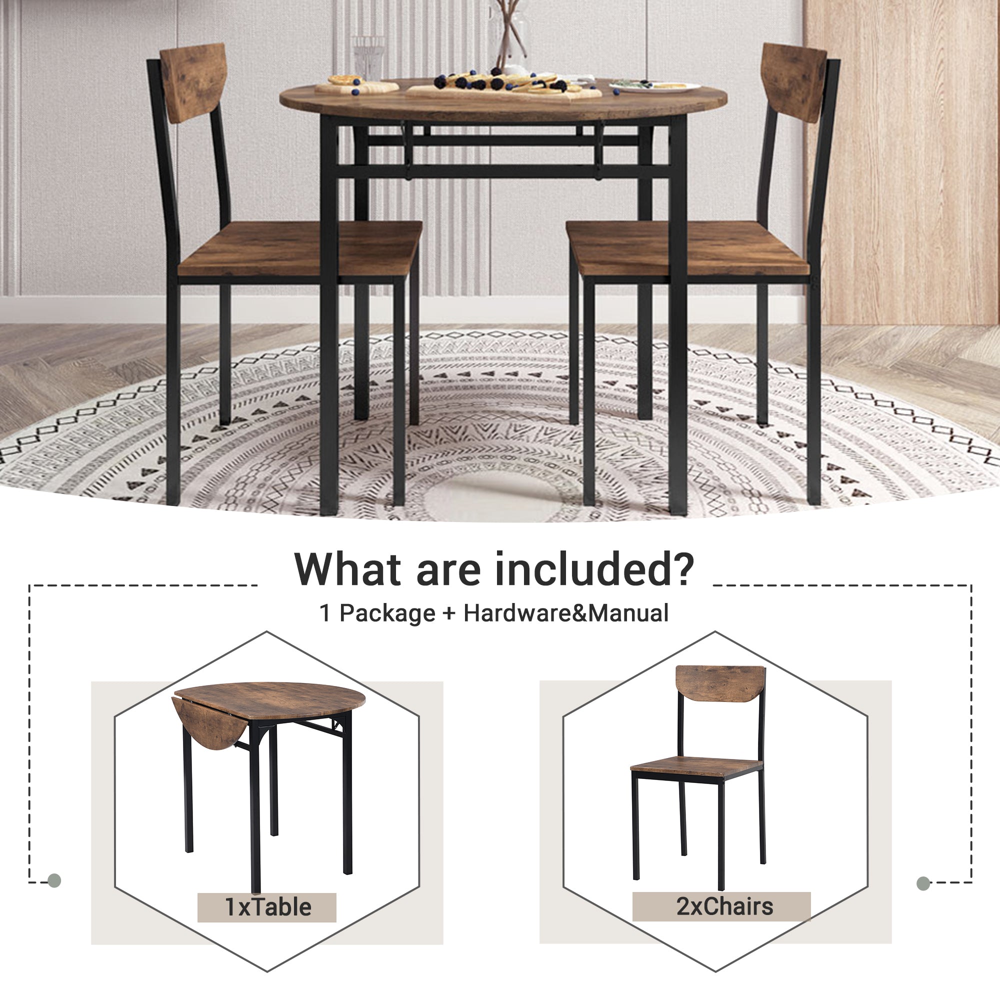 TOPMAX Modern 3-Piece Round Dining Table Set with Drop Leaf and 2 Chairs for Small Places,Black Frame+Rustic Brown Finish - Grand Goldman Shop