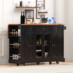 K&K 53'' Farmhouse Kitchen Island with Two Tempered Glass Cabinet Doors, Power Outlet, Rolling Kitchen Cart on Wheels with Drop Leaf, 5 Open Side Racks, 3 Drawers, for Kitchen, Dining Room, Black - Grand Goldman Shop