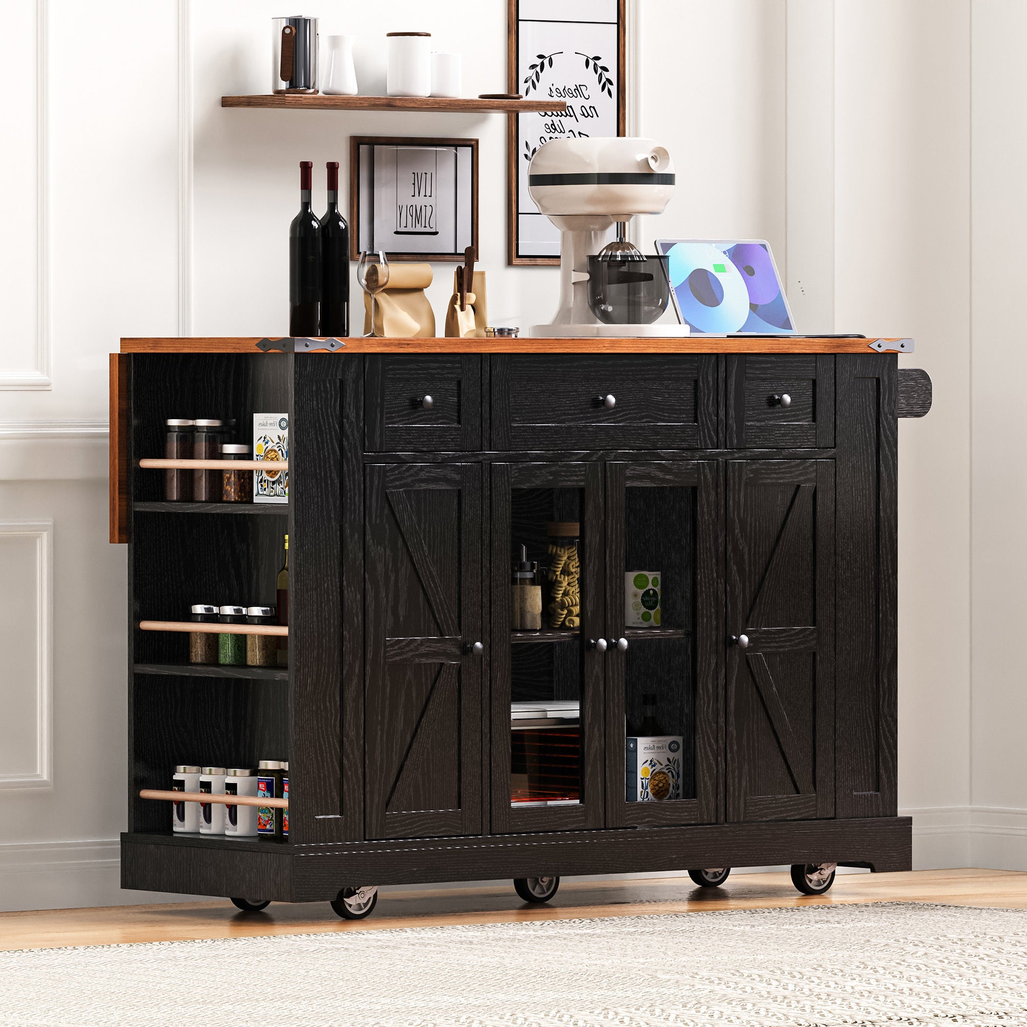 K&K 53'' Farmhouse Kitchen Island with Two Tempered Glass Cabinet Doors, Power Outlet, Rolling Kitchen Cart on Wheels with Drop Leaf, 5 Open Side Racks, 3 Drawers, for Kitchen, Dining Room, Black - Grand Goldman Shop