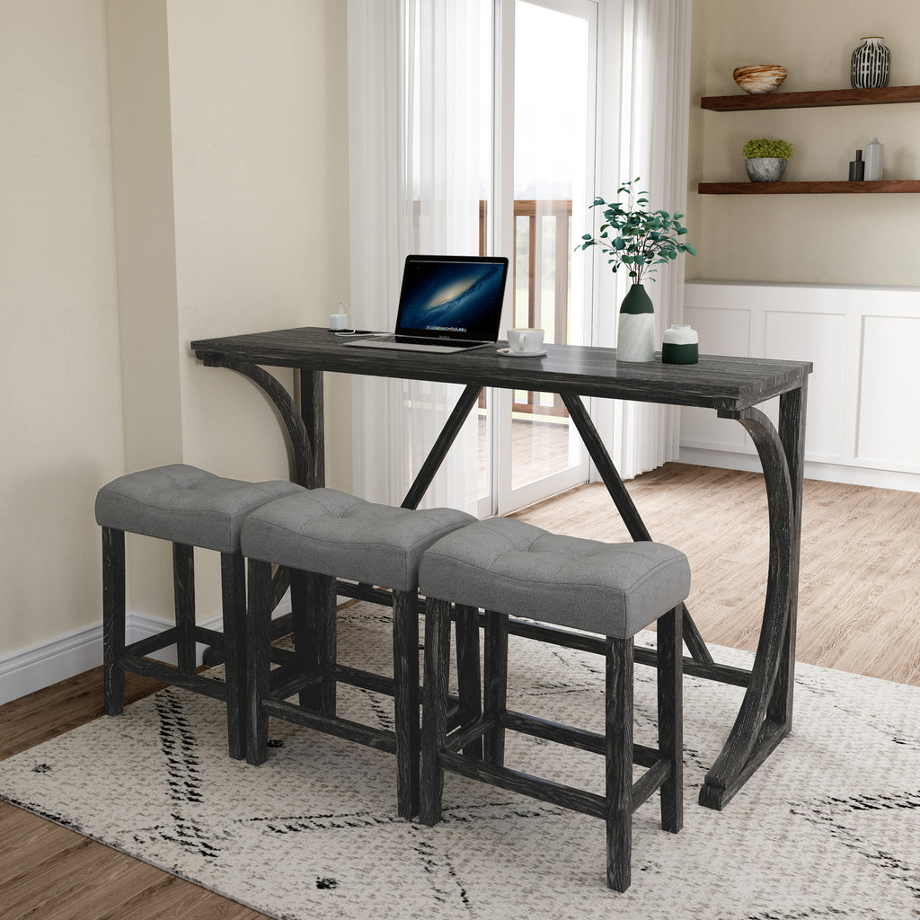 Bar Table Set with Power Outlet, Bar Table and Chairs Set, 4 Piece Dining Table Set, Industrial Breakfast Table Set, for Living Room, Dining Room, Game Room - Grand Goldman Shop