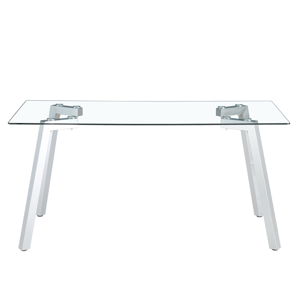 A modern minimalist rectangular glass dining table with tempered glass tabletop and silver metal legs, suitable for kitchens, restaurants, and living rooms,63'*35.4'*30' - Grand Goldman Shop