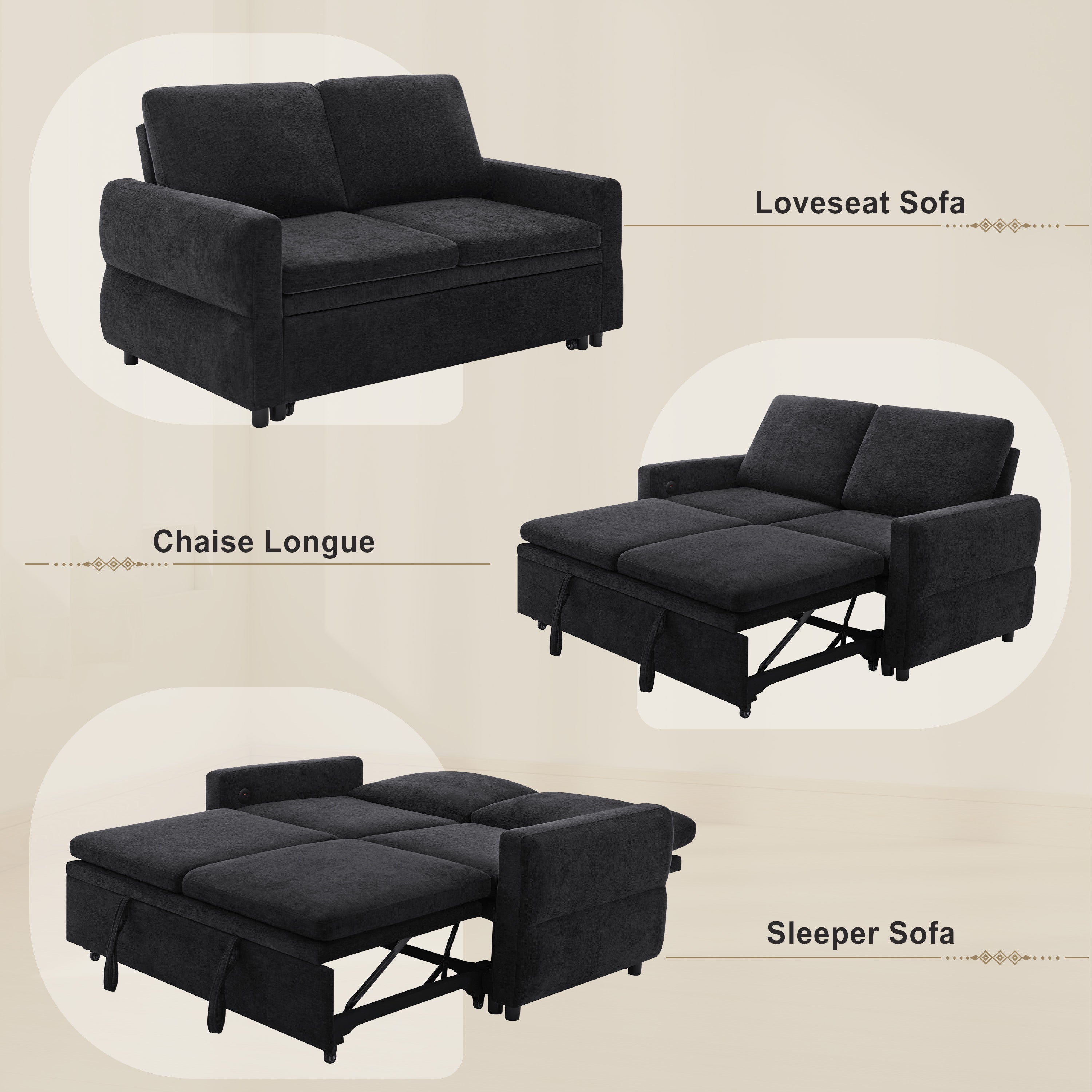 Black Convertible Sofa Bed Loveseat with Adjustable Backrest and USB Ports, 62.75' Chenille Upholstered Couch for Living Room or Small Space - Grand Goldman Shop