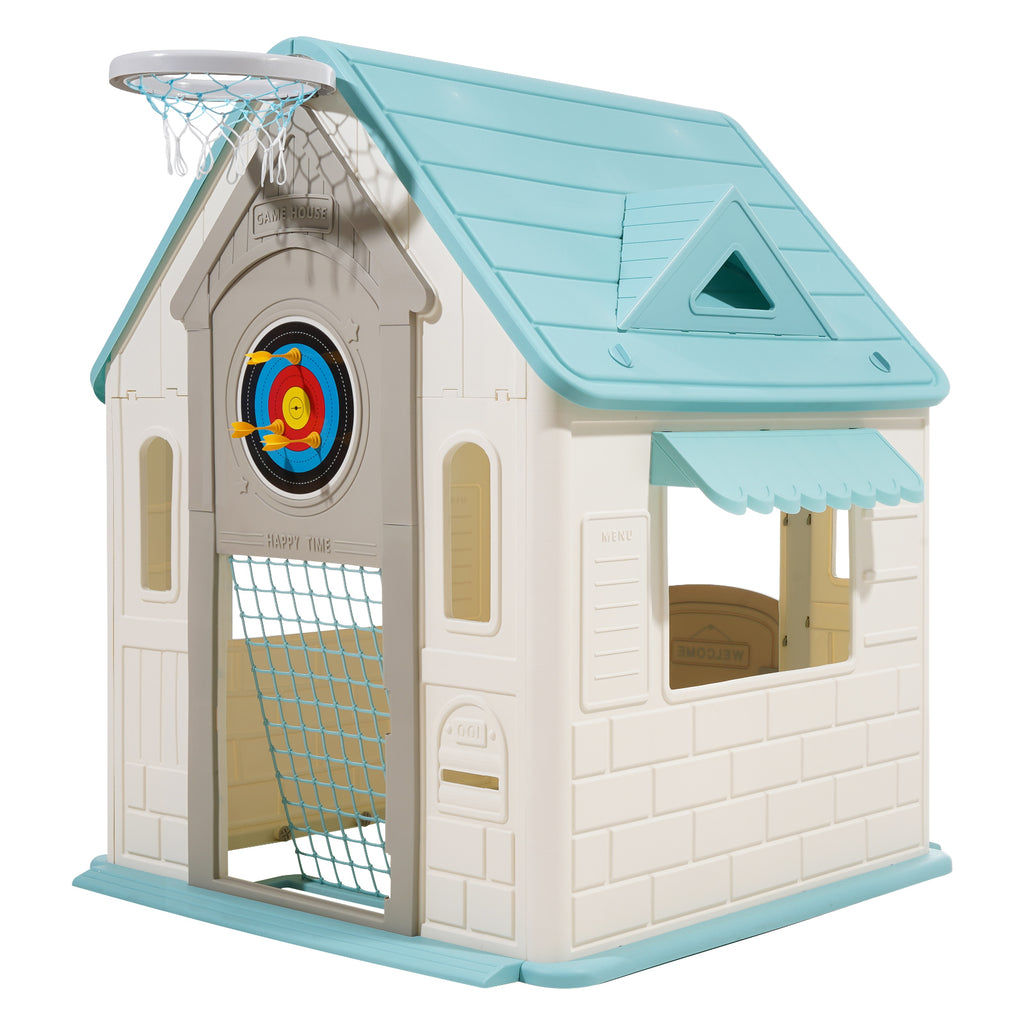 Outdoor Playhouse, 5-In-1 Cottage Play House with Pretend Play, Basketball, Darts, Soccer, Ring Toss, Window & Convenient Doo