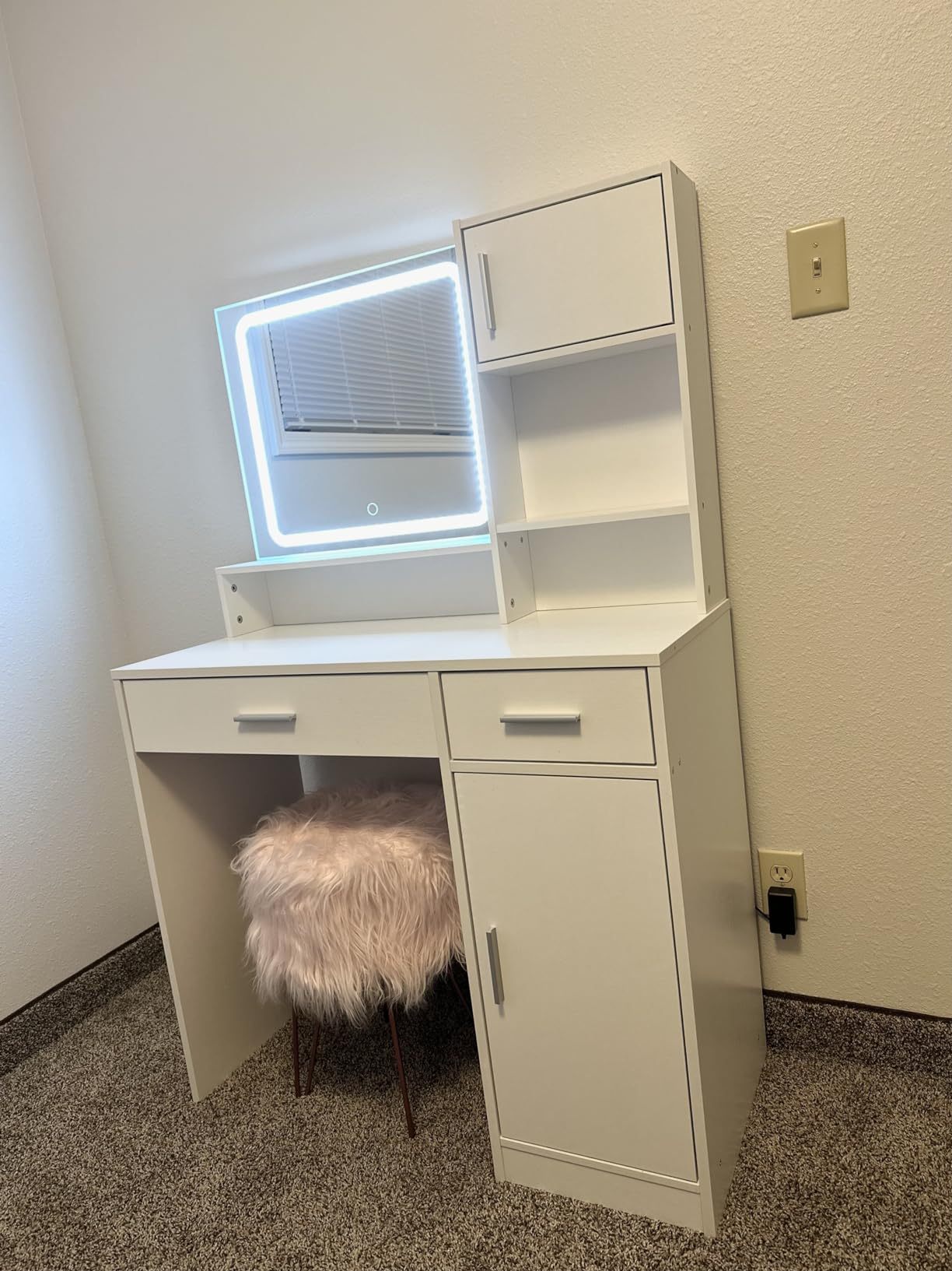 Vanity Desk with Mirror and LED Light Strip,Dressing Table with Large Drawer, 3 Level Storage Dresser & 3 Lighting Modes Adjustable Brightness, Suitable for Bedroom(Rose Pink) - Grand Goldman Shop