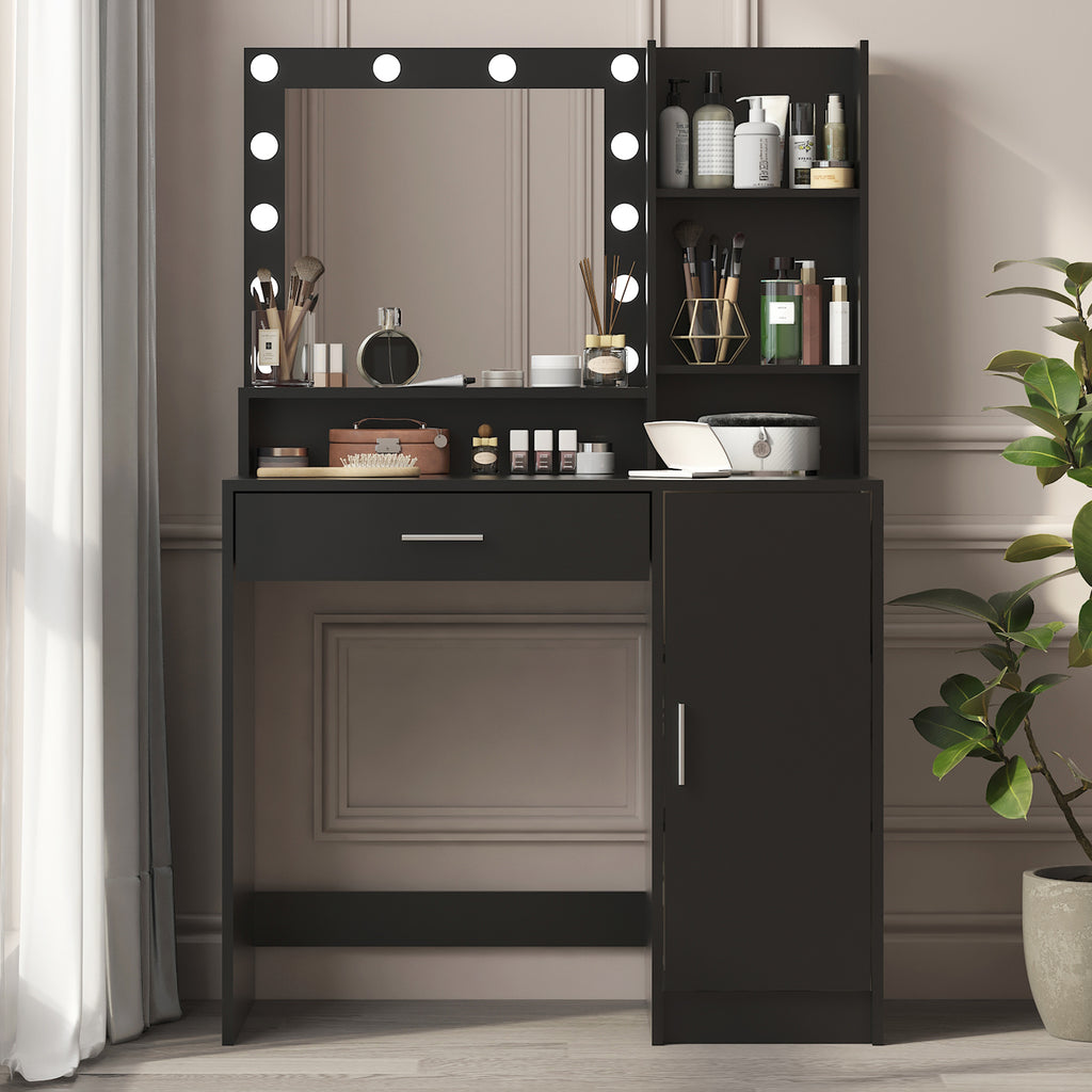 Vanity Desk with Mirror & Light, Large Drawer Three Level Storage Dresser, 3 Lighting Modes Adjustable Brightness, Bedroom Dressing Table(black) - Grand Goldman Shop