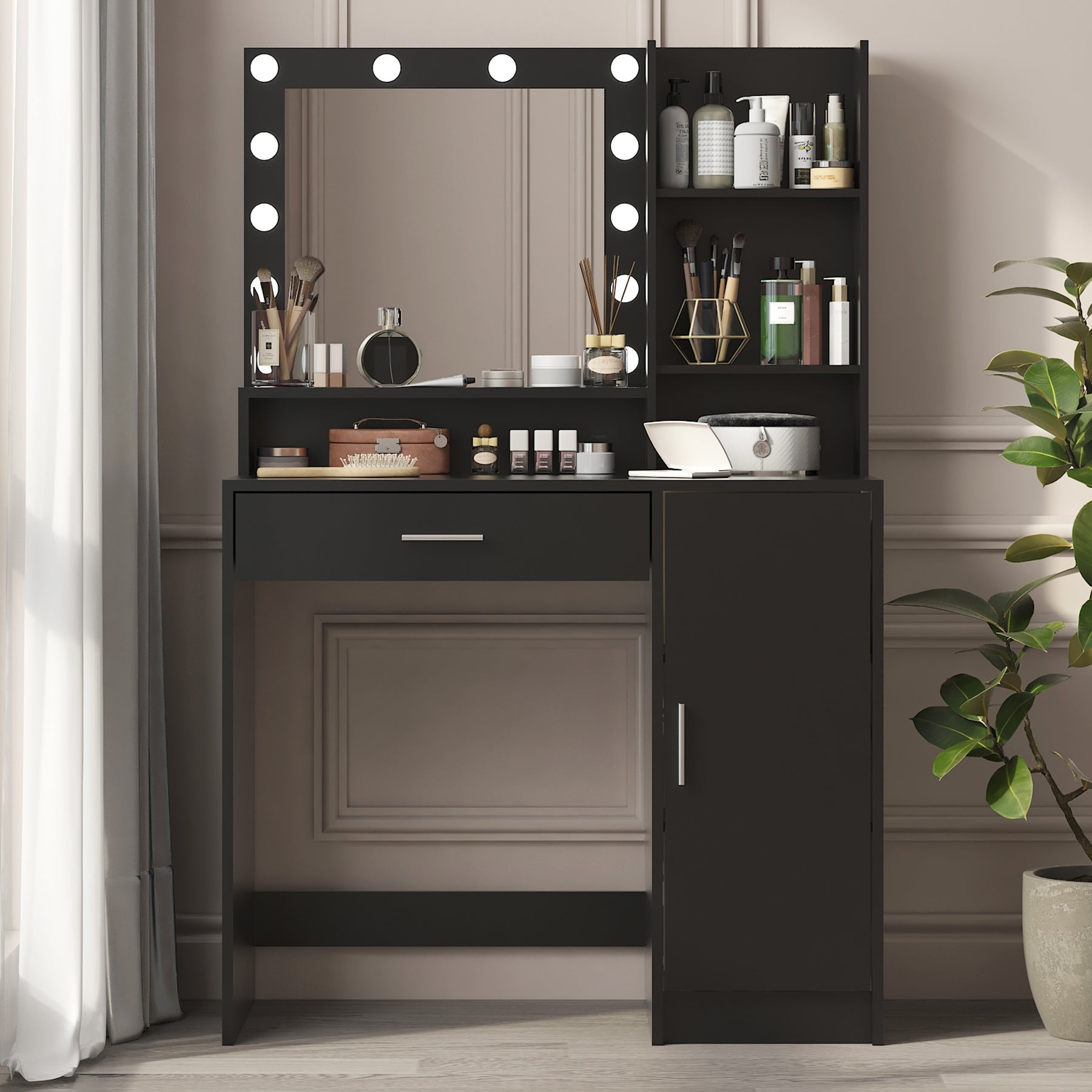 Vanity Desk with Mirror & Light, Large Drawer Three Level Storage Dresser, 3 Lighting Modes Adjustable Brightness, Bedroom Dressing Table(black) - Grand Goldman Shop