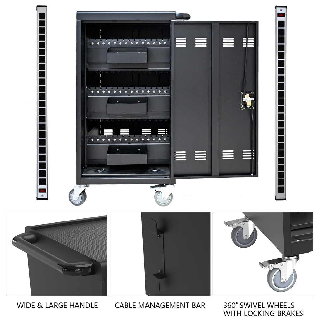 Stylish 45 Bay Mobile School Charging Cart Station for Chromebook, Tablet and Laptop Computer with Power Strip Included - Bla