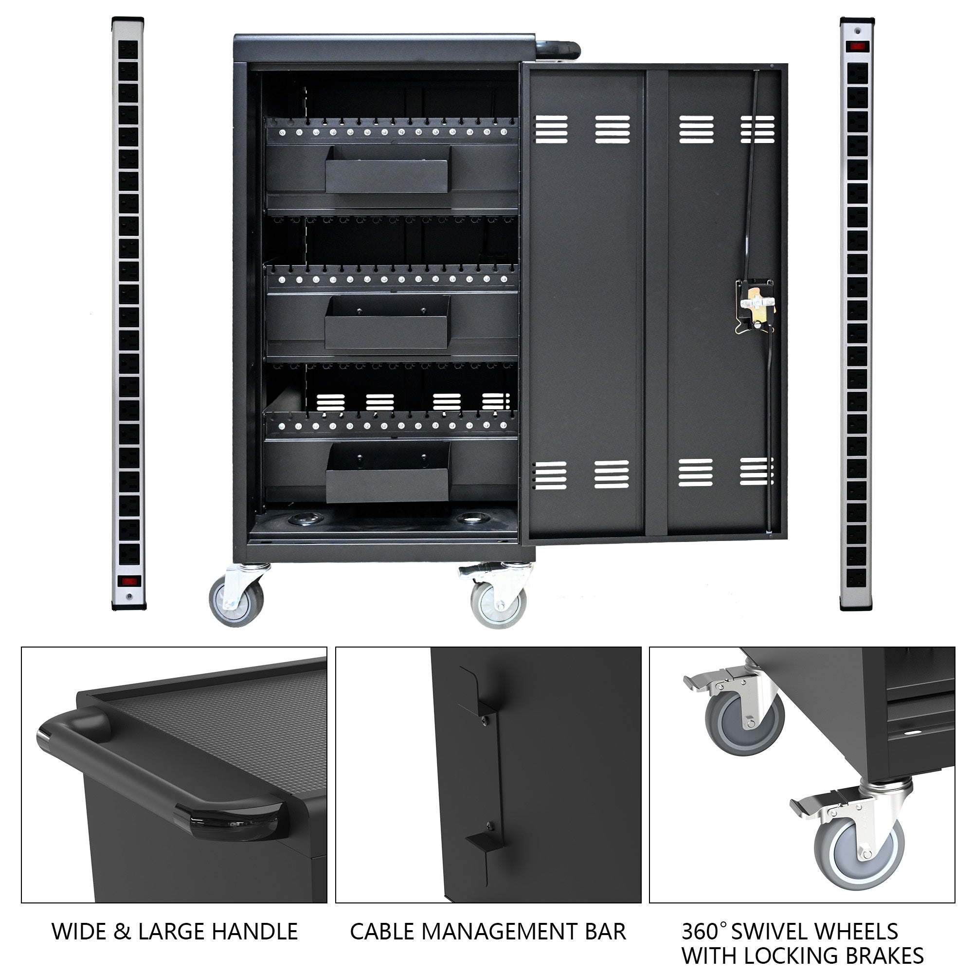 Stylish 45 Bay Mobile School Charging Cart Station for Chromebook, Tablet and Laptop Computer with Power Strip Included - Bla