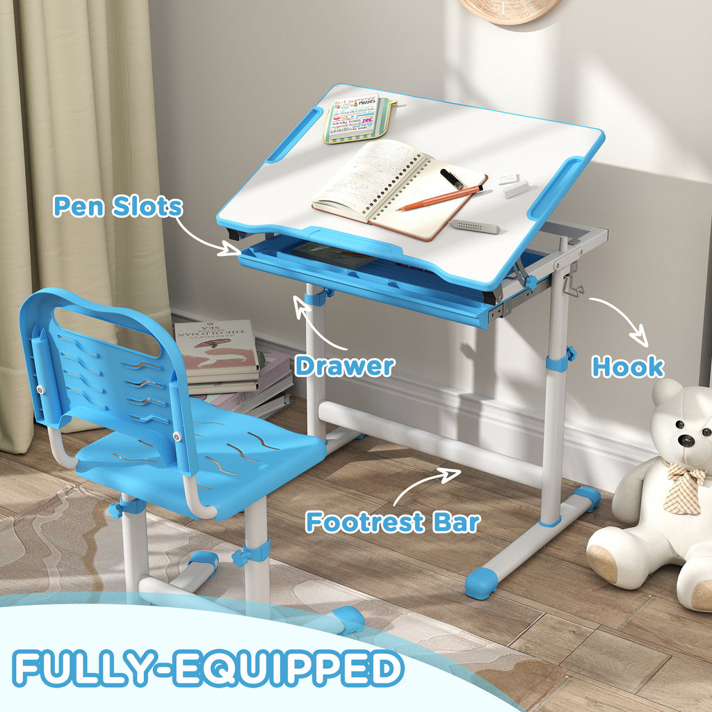 Qaba Kids Desk and Chairs Set, Height Adjustable Children School Study Desk with Tilt Desktop, Storage Drawer, Pen Slot, Hook