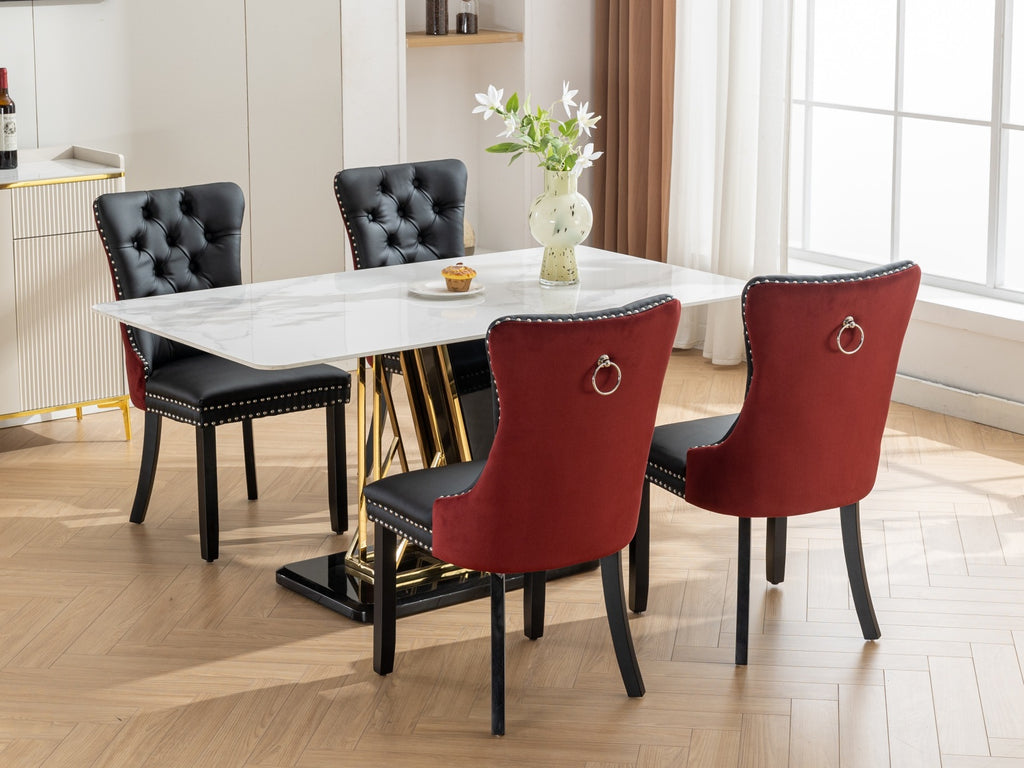 A&A Furniture, Nikki Collection Modern, High-end Tufted Solid Wood Contemporary PU and Velvet Upholstered Dining Chair with Wood Legs Nailhead Trim  2-Pcs Set, Black+WineRed, Burgundy,SW2101BW - Grand Goldman Shop