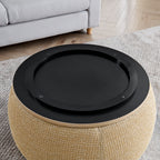 Woven Rattan Fabric Round Storage Ottoman with 2-in-1 Function as End Table and Ottoman, Dark Yellow, 25'x25'x14.7' - Grand Goldman Shop