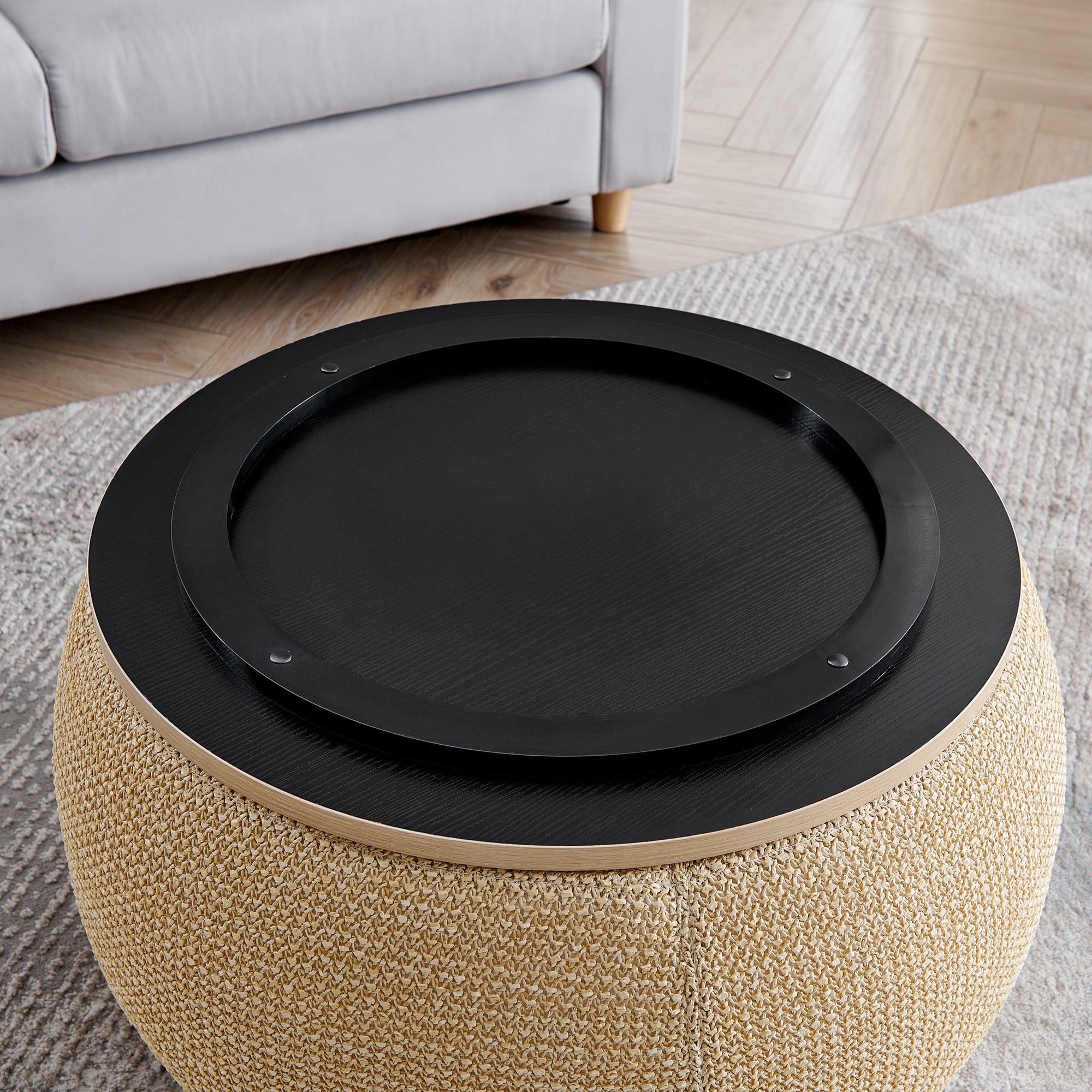Woven Rattan Fabric Round Storage Ottoman with 2-in-1 Function as End Table and Ottoman, Dark Yellow, 25'x25'x14.7' - Grand Goldman Shop