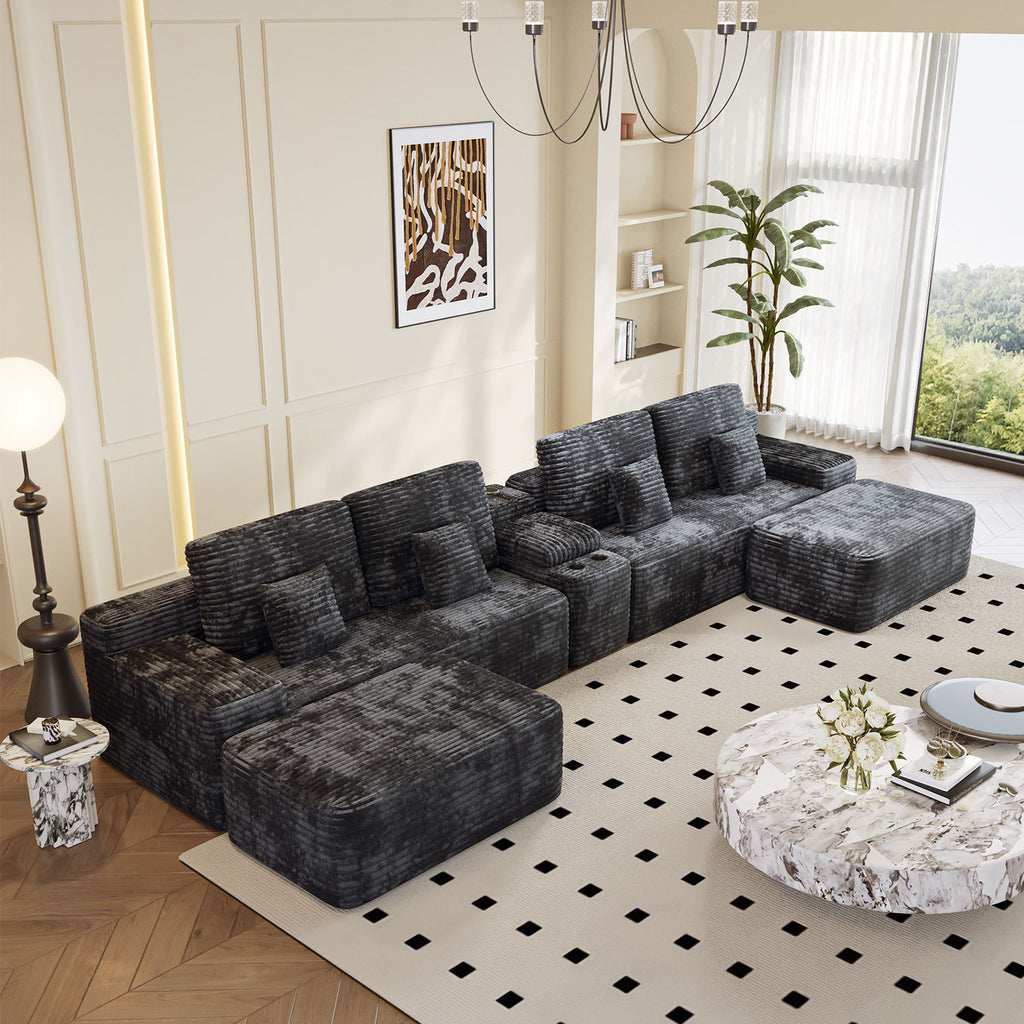 150''Width 5-piece Sectional Sofa with 2 Ottomans,Comfy U-shaped Sofa Couch for Living Room,BLACK Plush Corduroy Fabric - Grand Goldman Shop