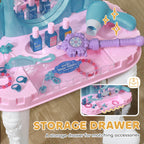 Qaba Kids Vanity Set with Mirror and Stool, Castle Design Makeup Table with Light, Music, Hair Dryer, 18 Accessories, Girls P