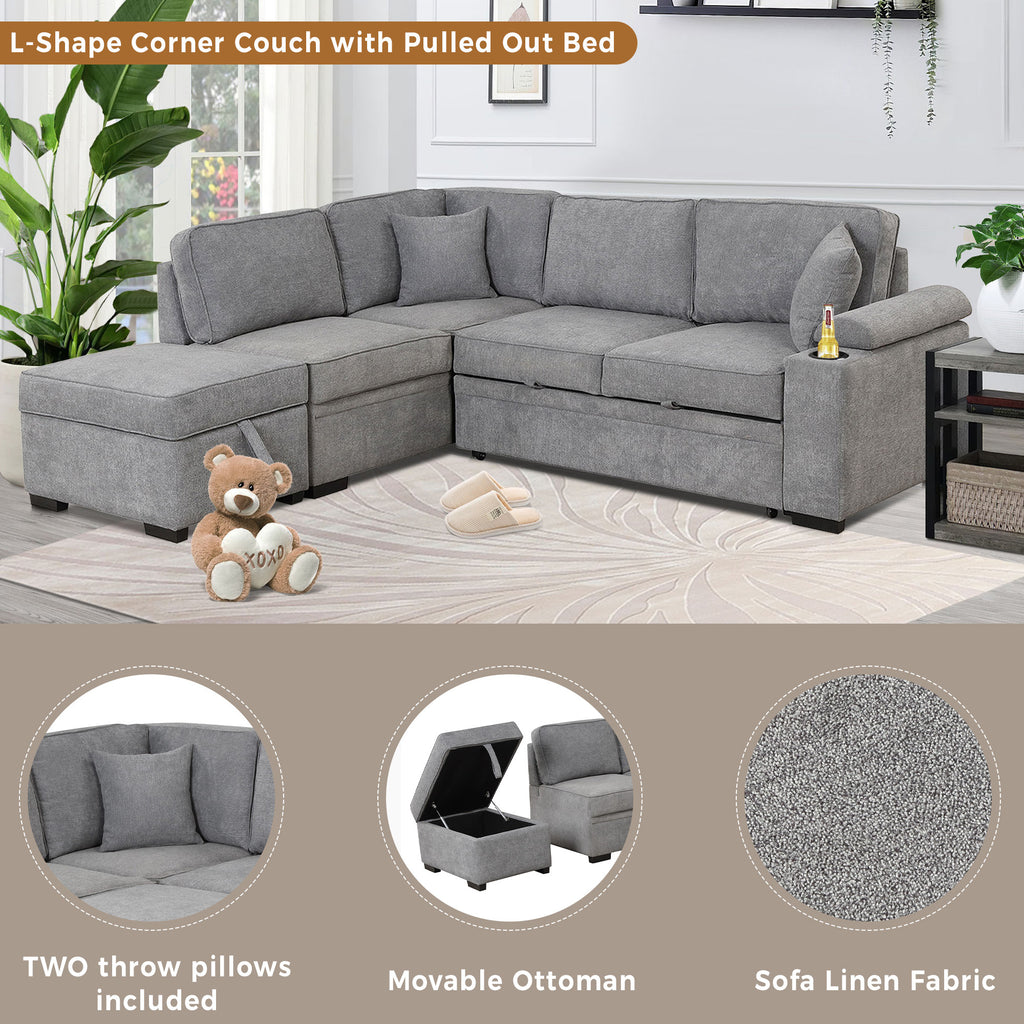Modern Sleeper Sofa Bed with Storage Ottoman, Gray Linen, 84.75' L Shape Couch for Living Room or Apartment - Grand Goldman Shop