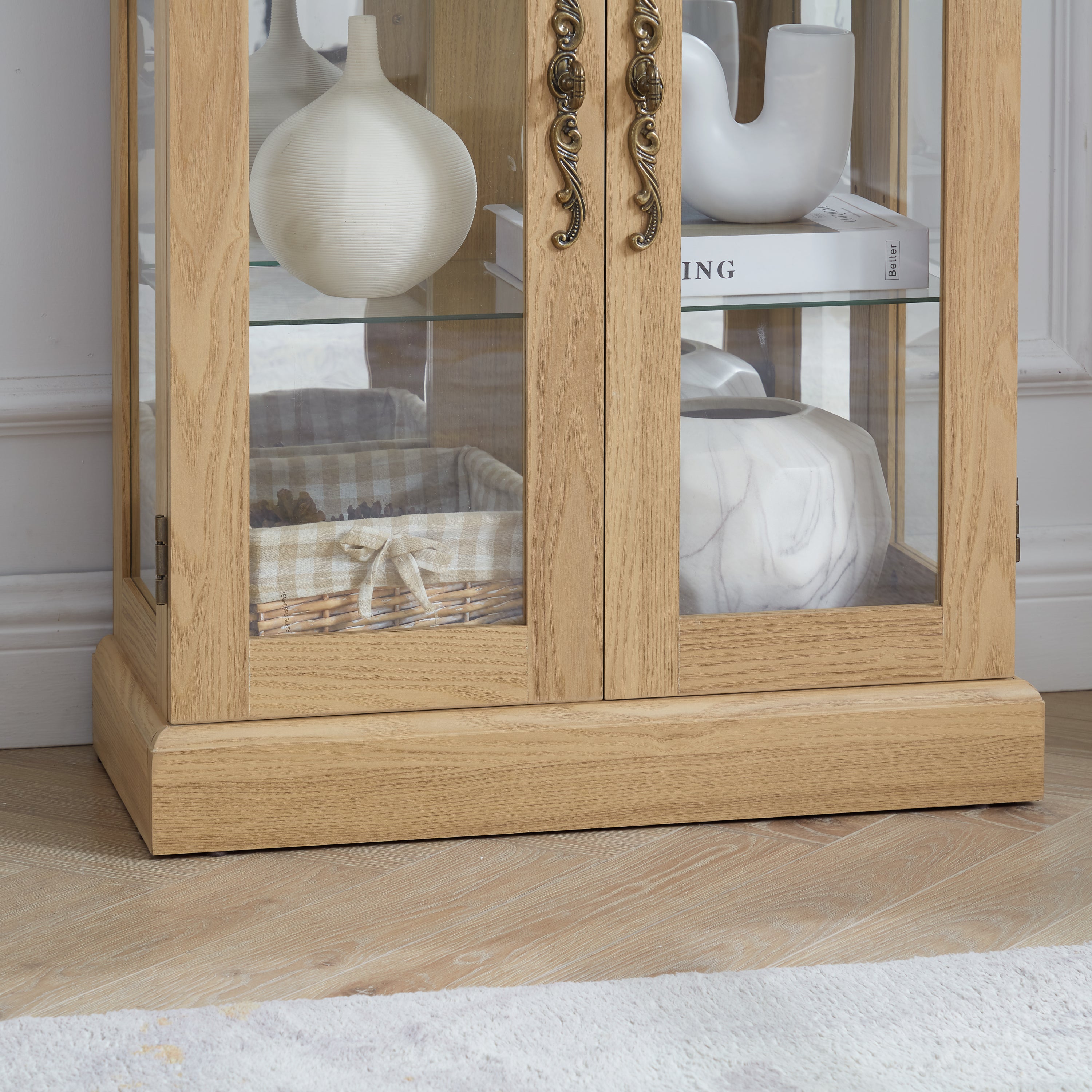 Lighted Glass Curio Display Cabinet,Display Cabinet,Glass Storage Cabinet Glass Wine cabinet Wood Frame Toy Display for Living Room, Kitchen, Pantry light bulb included Light oak - Grand Goldman Shop