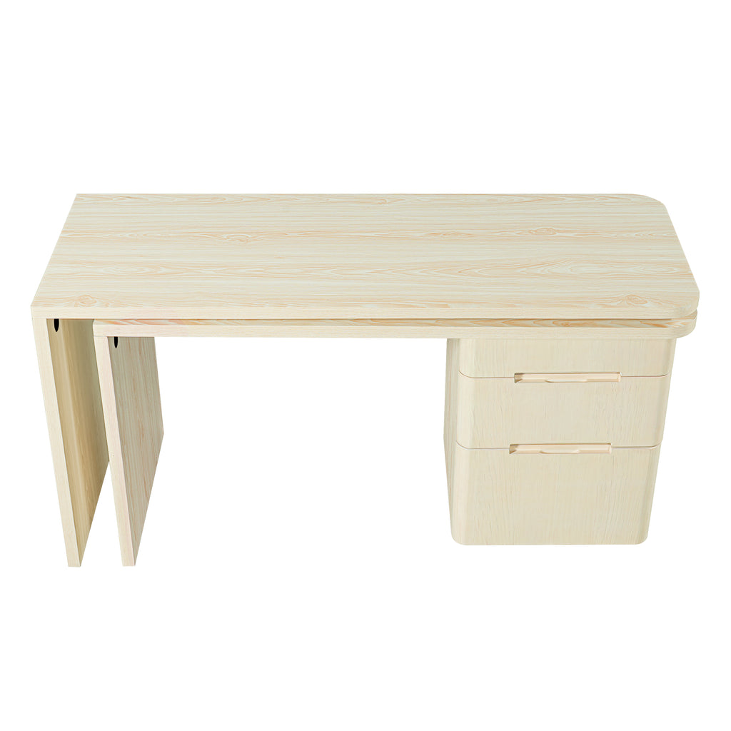 90' Modern L Shaped Desk in Natural Wood with 3 Drawers,360° Wood Rotating Desk,Executive Office Desk,Corner Desk,Office Stud