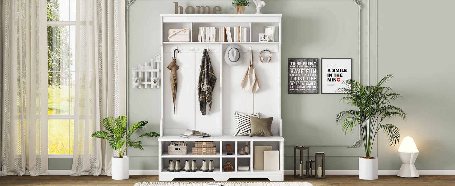 Modern Hallway Hall Tree with Metal Hooks and Storage Space, Multi-Functional Entryway Coat Rack with Shoe Cubbies, White - Grand Goldman Shop