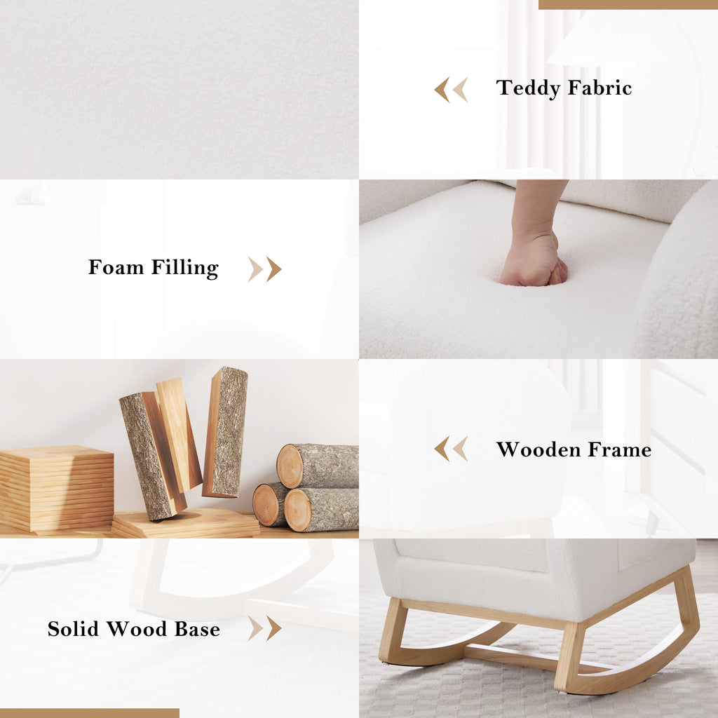 015B-Teddy Fabric Leisure Rocking Chair,Nursery Rocking Chair With Adjustable Footstool,Thickened Headrest And High Backrest, Storage Pocket On The Right Side,The Base Rocker Is Solid Wood,White - Grand Goldman Shop