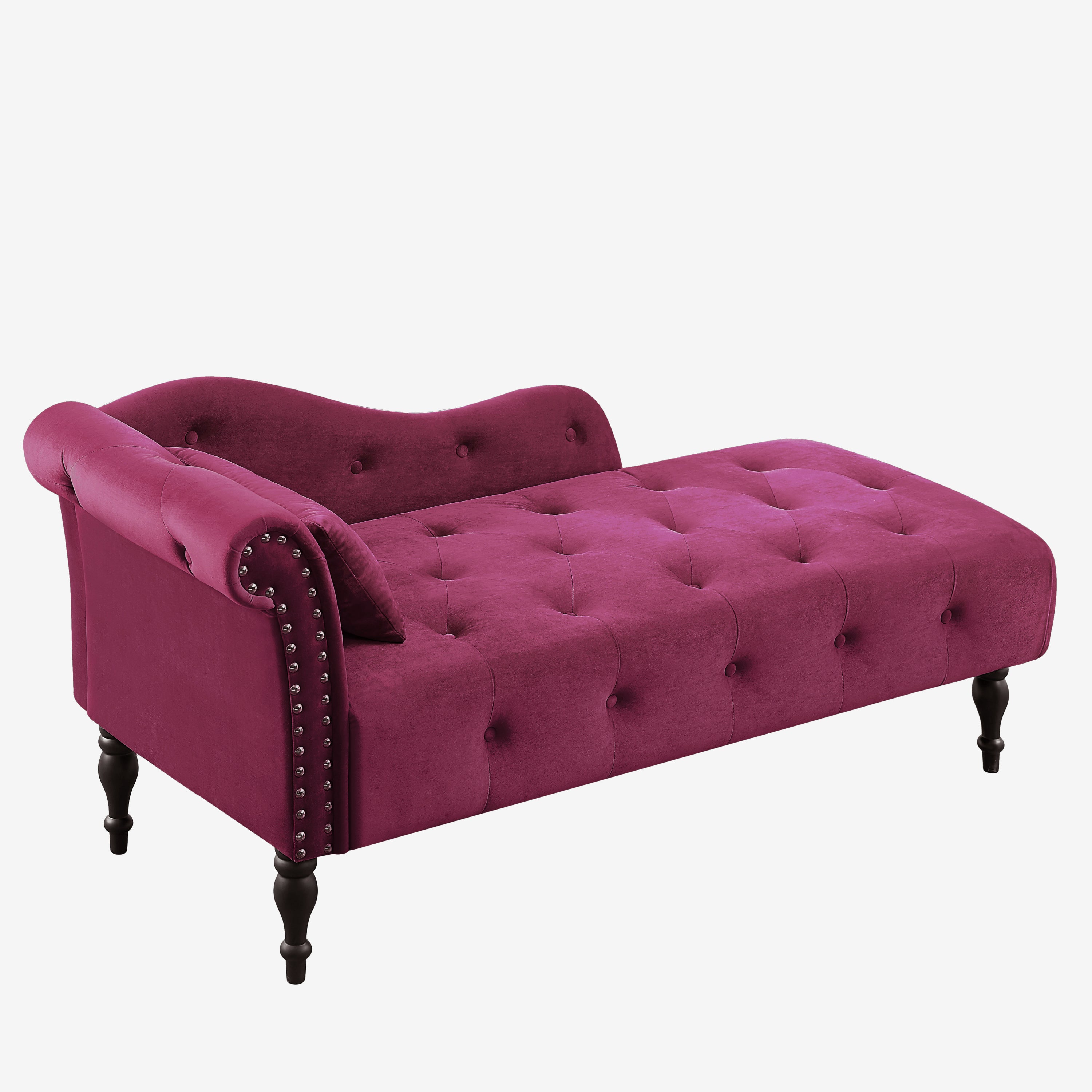 Aijia 60.6' Velvet Chaise Lounge Buttons Tufted Nailhead Trimmed Solid Wood Legs with 1 Pillow,Burgundy  (Left Arm Design as Shown in the Picture) - Grand Goldman Shop