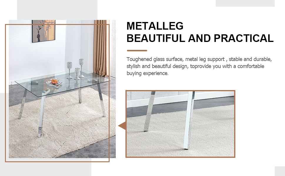 A modern minimalist rectangular glass dining table with tempered glass tabletop and silver metal legs, suitable for kitchens, restaurants, and living rooms,63'*35.4'*30' - Grand Goldman Shop