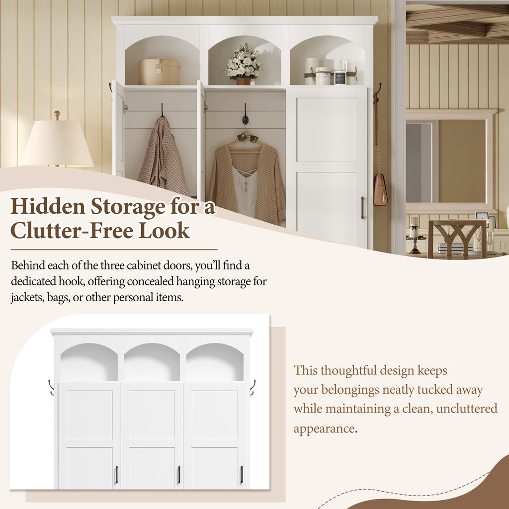 Classic Arched Design Hall Tree with 3 Hidden Storage, Farmhouse Mudroom with Walnut Bench, Mid-Century All-in-One Entryway Organizer with 5 Hooks for Hallway, White - Grand Goldman Shop