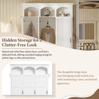 Classic Arched Design Hall Tree with 3 Hidden Storage, Farmhouse Mudroom with Walnut Bench, Mid-Century All-in-One Entryway Organizer with 5 Hooks for Hallway, White - Grand Goldman Shop