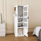 360° Rotating White Makeup Cabinet with Full-Length Mirror, Jewelry Storage, Coat Rack, 4 Open Shelves, 2 Built-In Shelves, MDF and Glass - Grand Goldman Shop