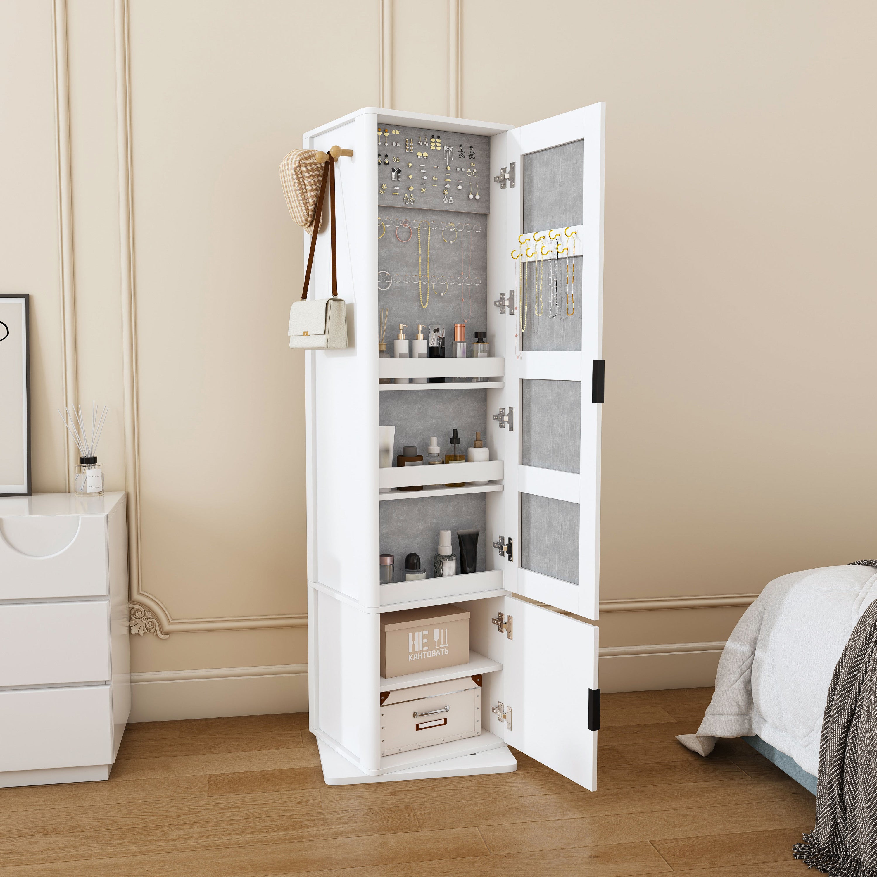 360° Rotating White Makeup Cabinet with Full-Length Mirror, Jewelry Storage, Coat Rack, 4 Open Shelves, 2 Built-In Shelves, MDF and Glass - Grand Goldman Shop