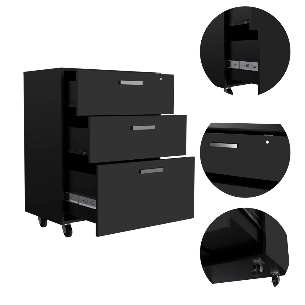 Storage Cabinet - Superior Top, Drawer Base Cabinet, Three Drawers, Four Casters -Black | Premium Home Decor - Grand Goldman