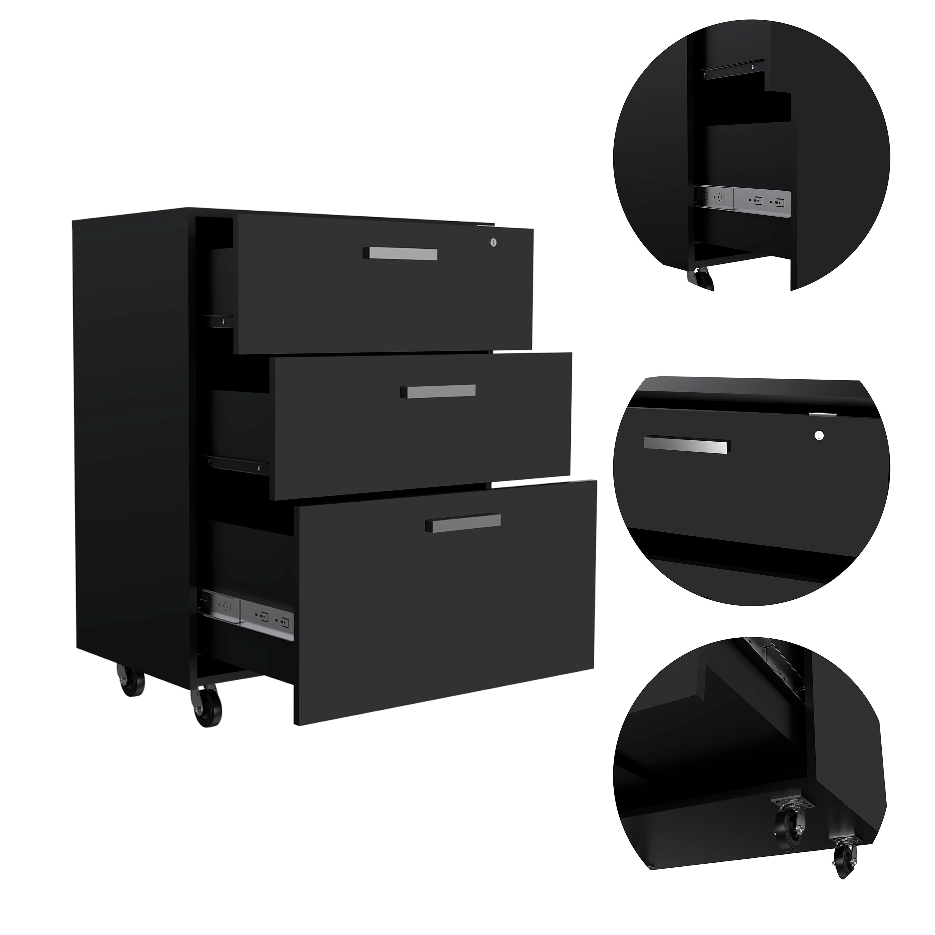 Storage Cabinet - Superior Top, Drawer Base Cabinet, Three Drawers, Four Casters -Black | Premium Home Decor - Grand Goldman